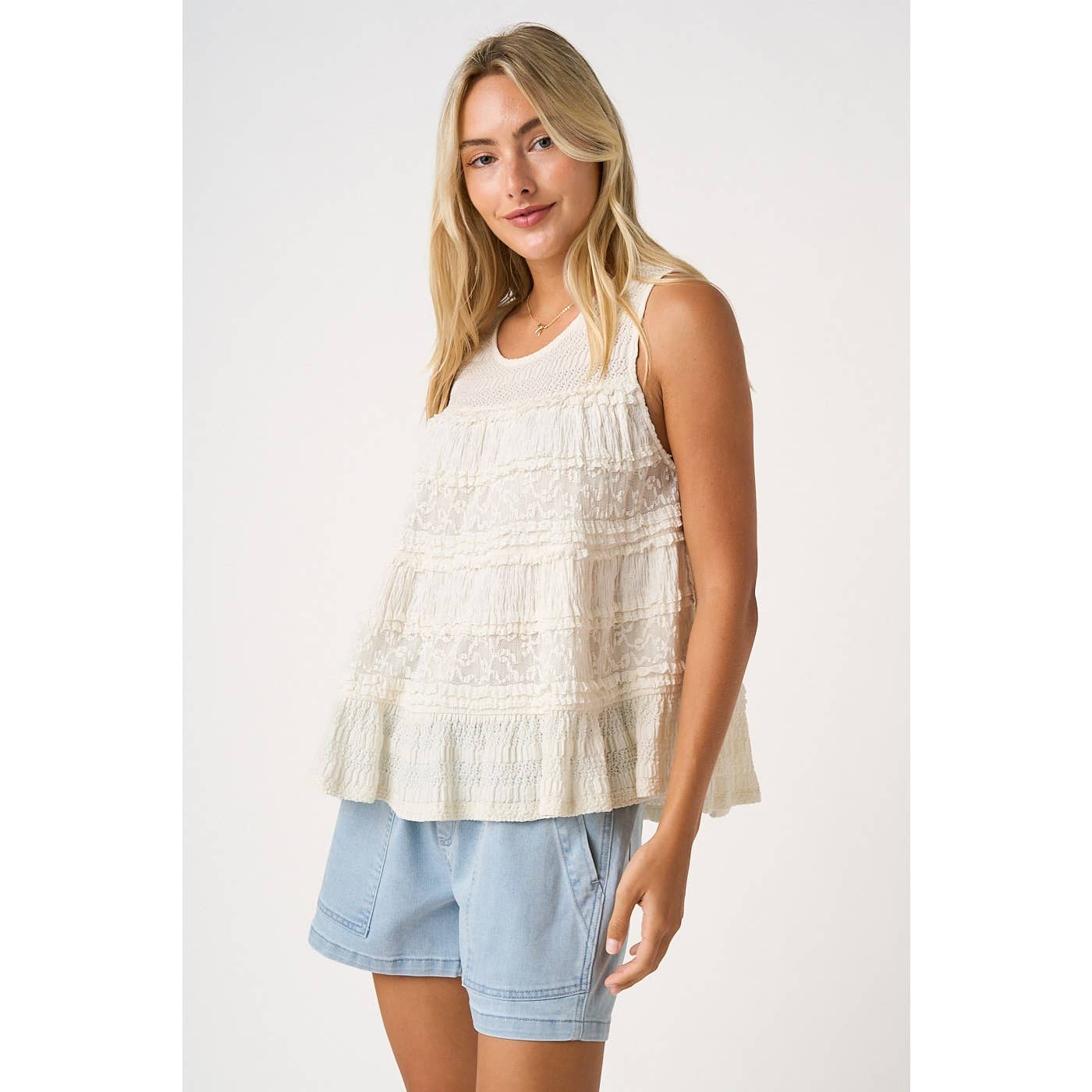 LACE TEXTURE RUFFLE TIER ROUND NECK TANK TOP