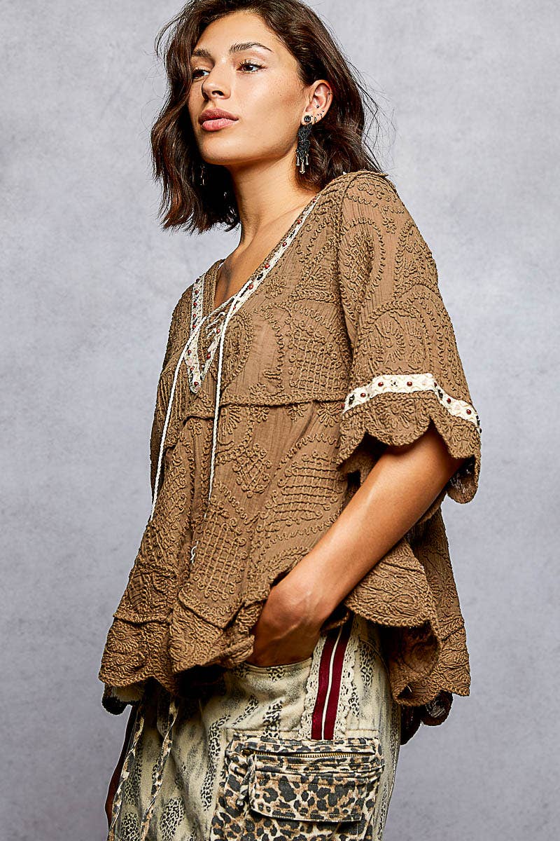 Pol Clothing - Short Sleeve Adjustable Drawstring Crochet V Neck Top