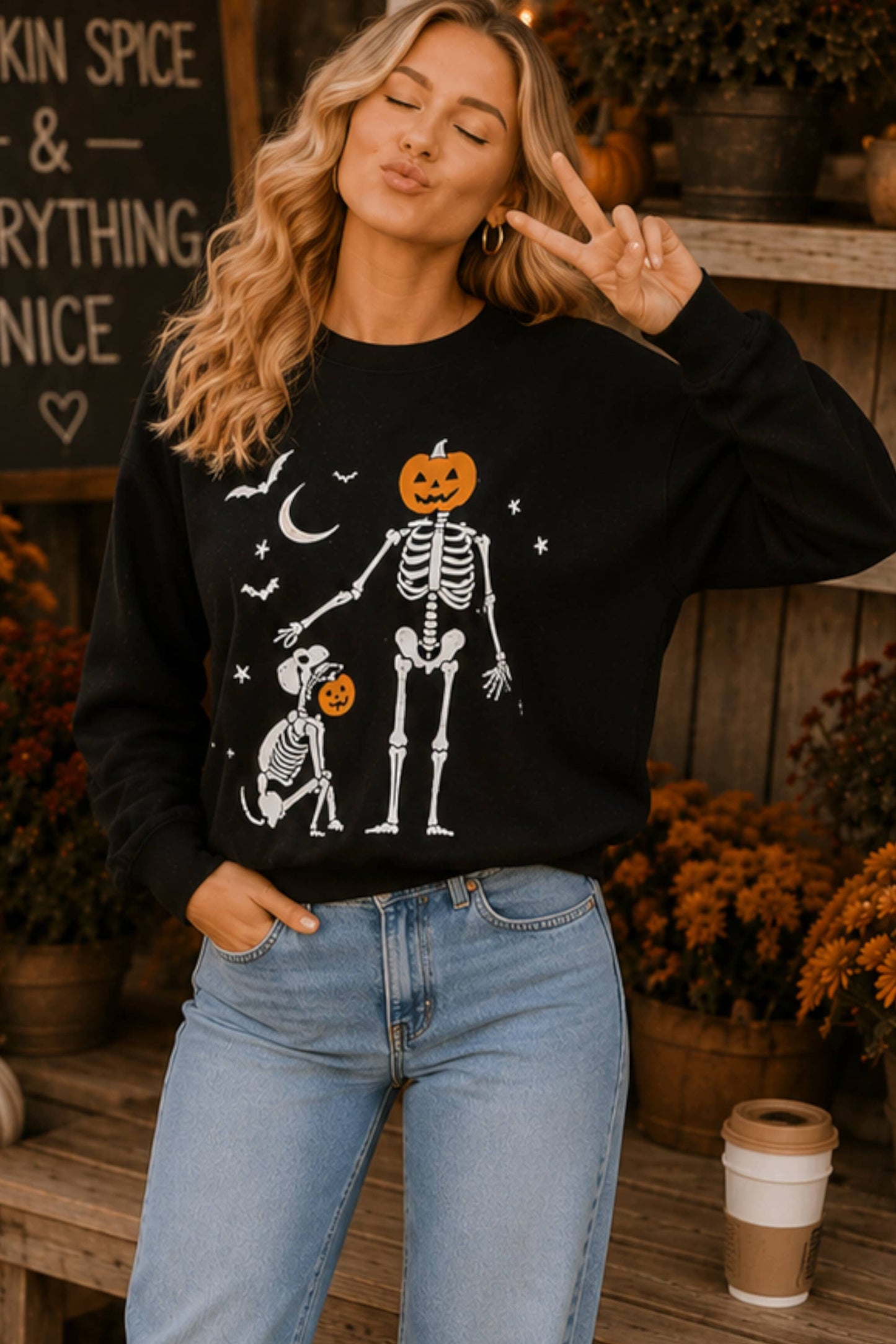 Main Strip - Halloween Pumpkin Skeleton Printed Graphic Crewneck