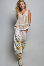 Pol Clothing - Metal Button Down Lace Trim Ruffle Round Neck Sleeveless