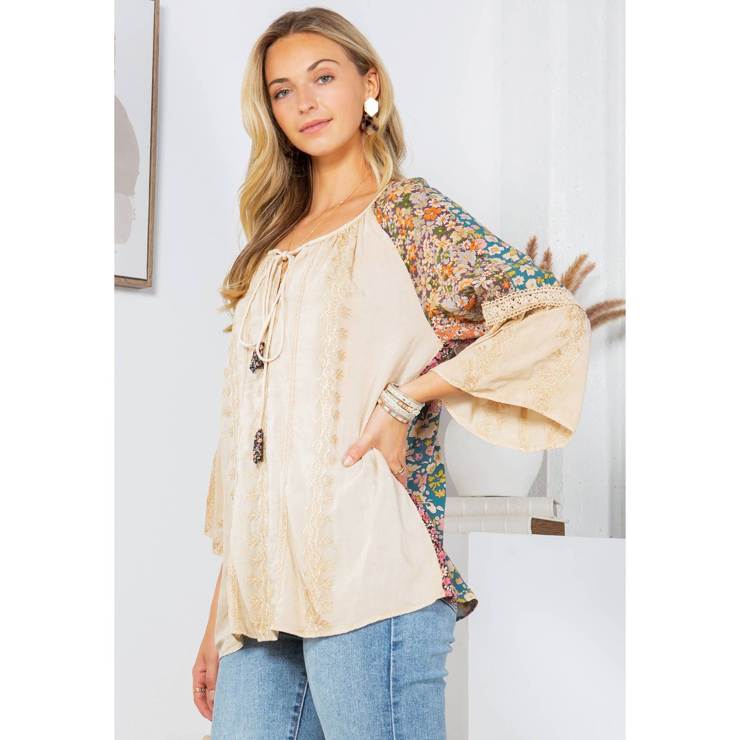 Young Threads - Enchanting Whimsy Overdyed Rayon Peasant Top With Embroidery