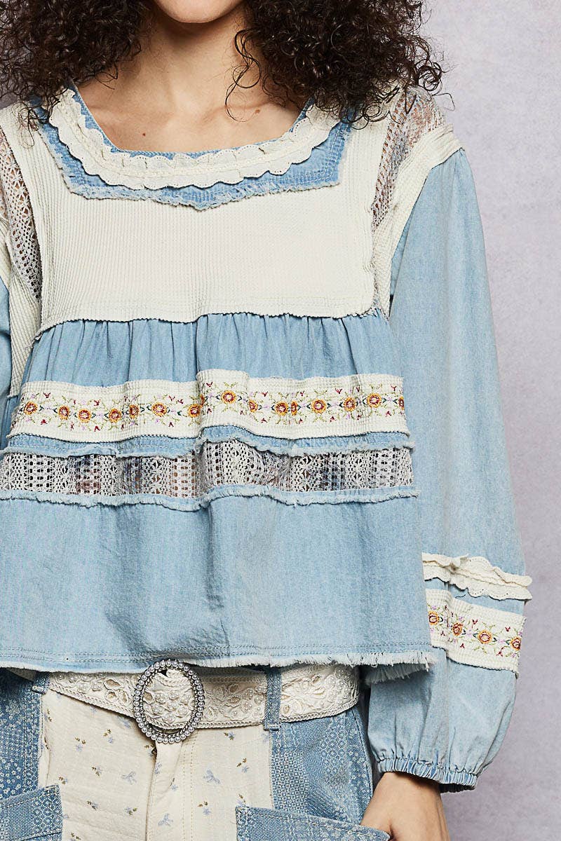 Pol Clothing - Embroidery Lace Contrast Square Neck Long Sleeve top