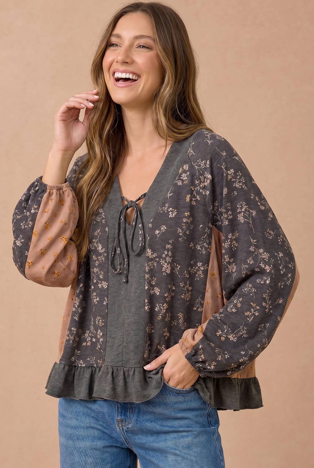 Haptics - Floral Color Block Peplum Raglan Top