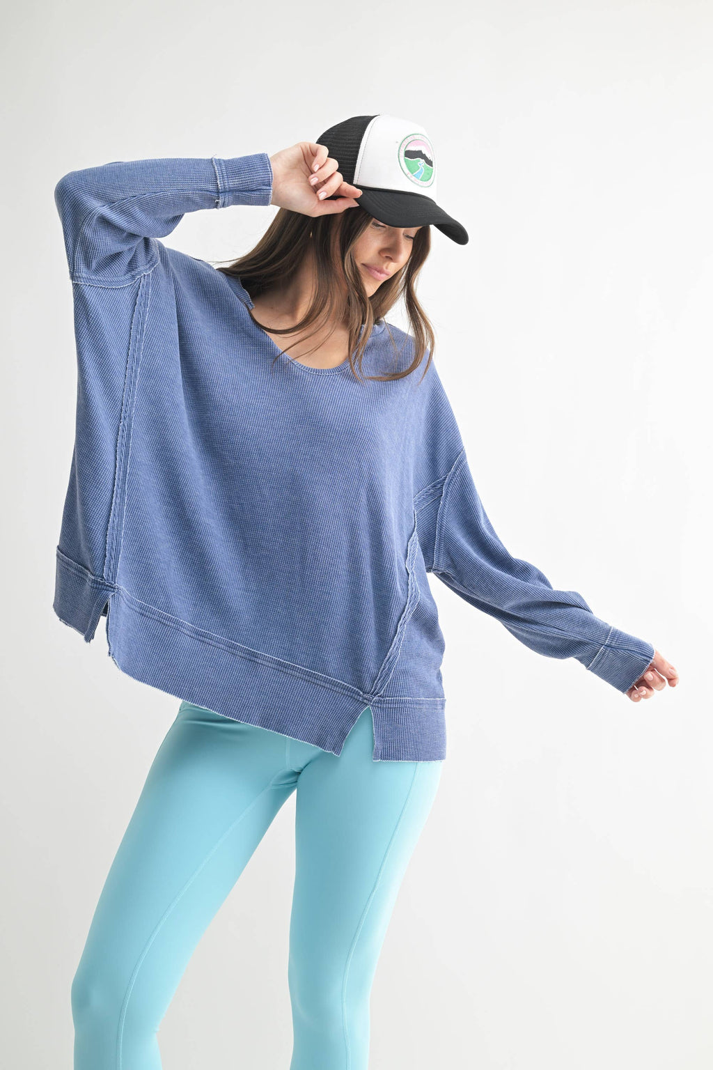 Cotton Blend Waffle Knit Oversized Long Sleeve
