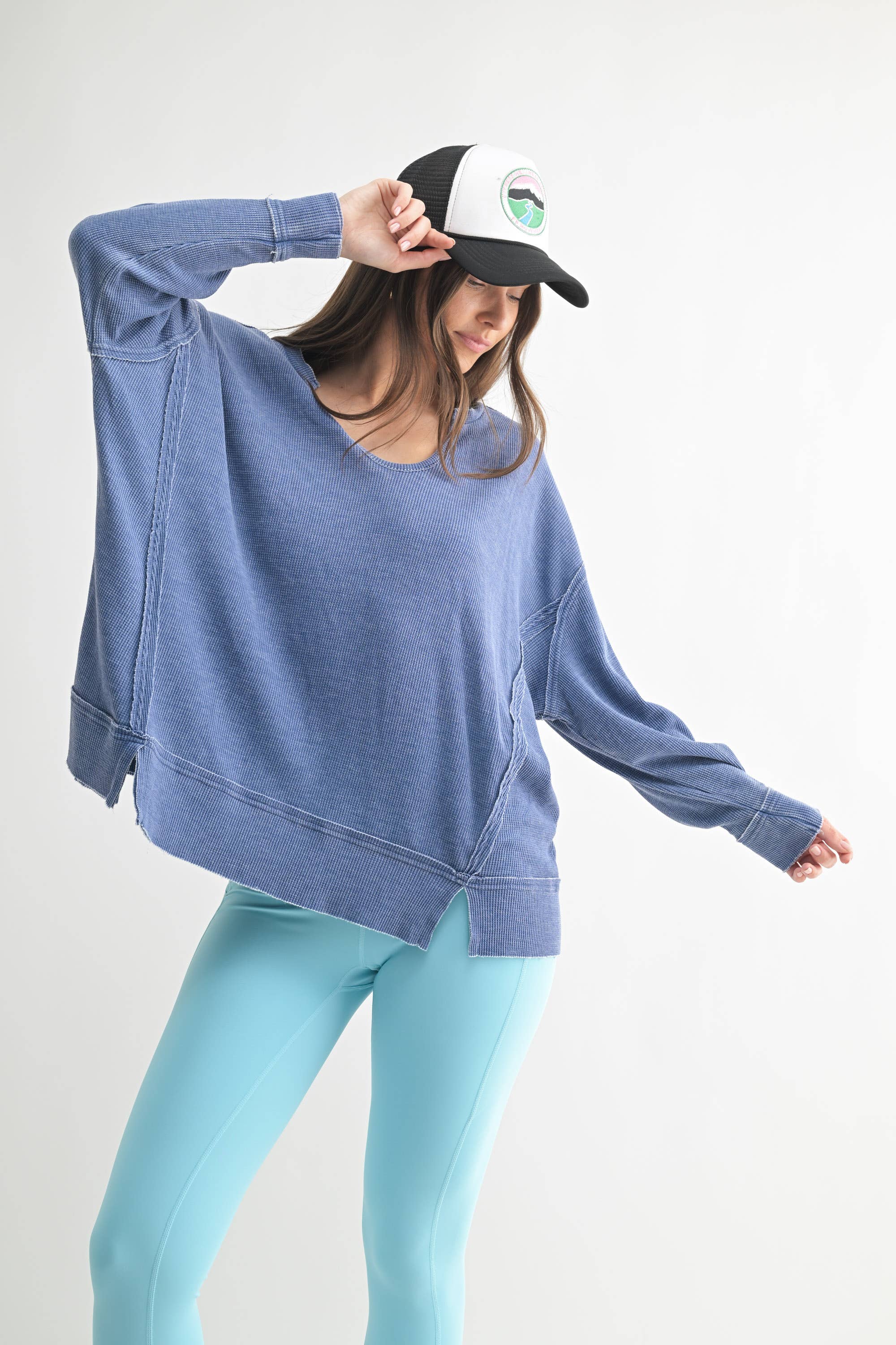 Cotton Blend Waffle Knit Oversized Long Sleeve