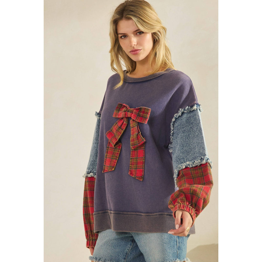 Sage + Fig - PLAID BOW DENIM SLEEVE PULLOVER (ST8117)
