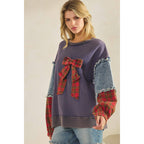 Sage + Fig - PLAID BOW DENIM SLEEVE PULLOVER (ST8117)