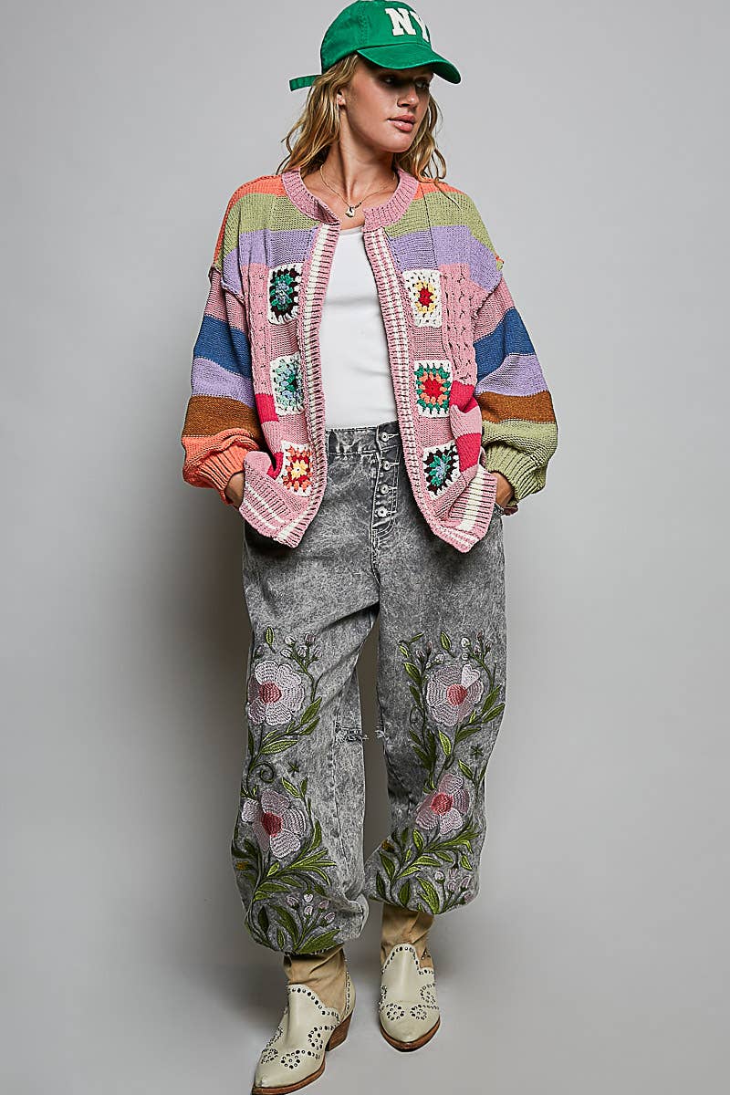 Pol Clothing - Handmade Patchwork Striped Chenille Sweater Open Cardigan