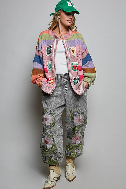 Pol Clothing - Handmade Patchwork Striped Chenille Sweater Open Cardigan