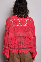 Pol Clothing - Textured Stitch Scalloped Trim Crochet Knit Sweater Top