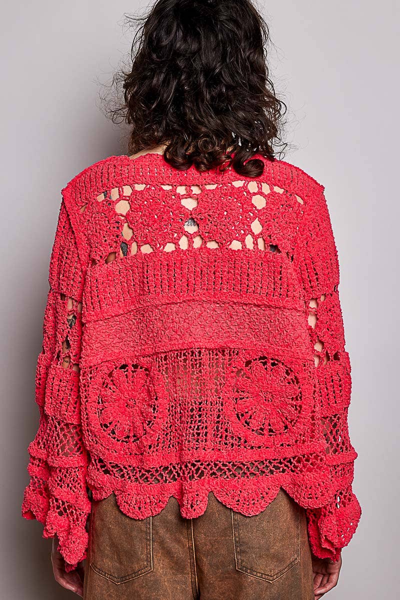 Pol Clothing - Textured Stitch Scalloped Trim Crochet Knit Sweater Top