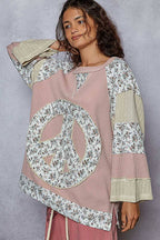 Pol Clothing - Round neck printed peace patch overlock stitch knit top