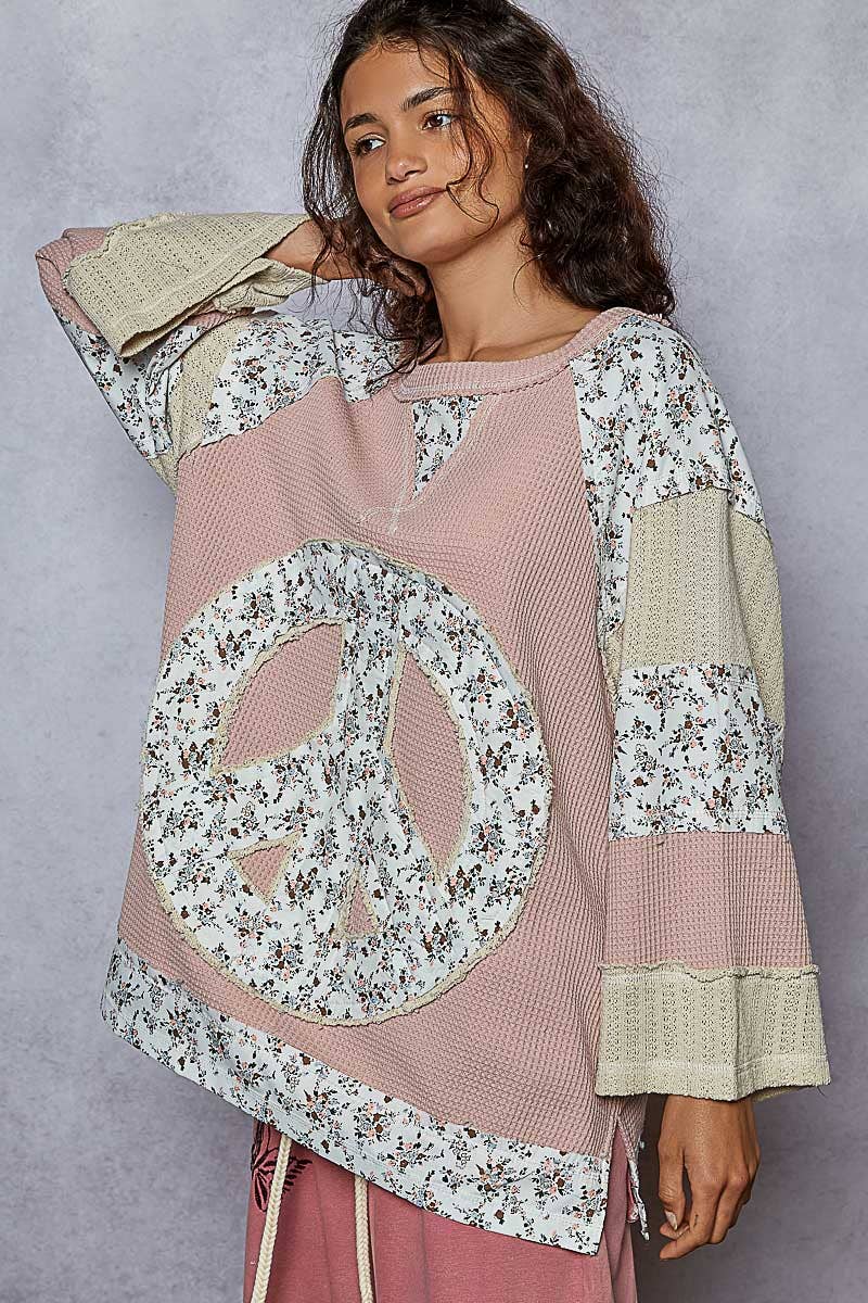 Pol Clothing - Round neck printed peace patch overlock stitch knit top