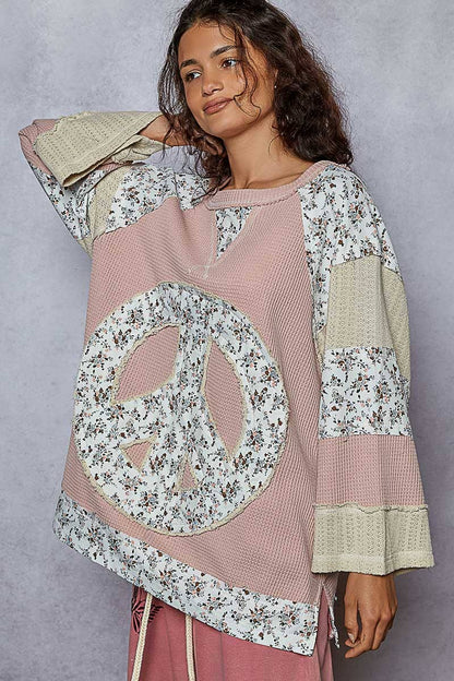 Pol Clothing - Round neck printed peace patch overlock stitch knit top
