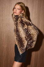 LE LIS - Faux Fur Deer Print Zip Jacket