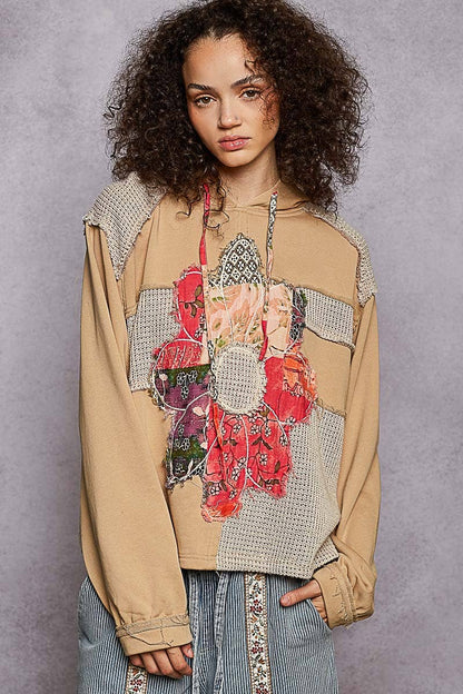 Pol Clothing - Long sleeve French terry printed flower patch knit top