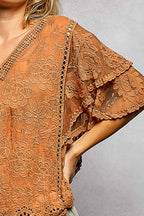 Pol Clothing - V-neck Short Sleeve Crochet Trim Solid Top