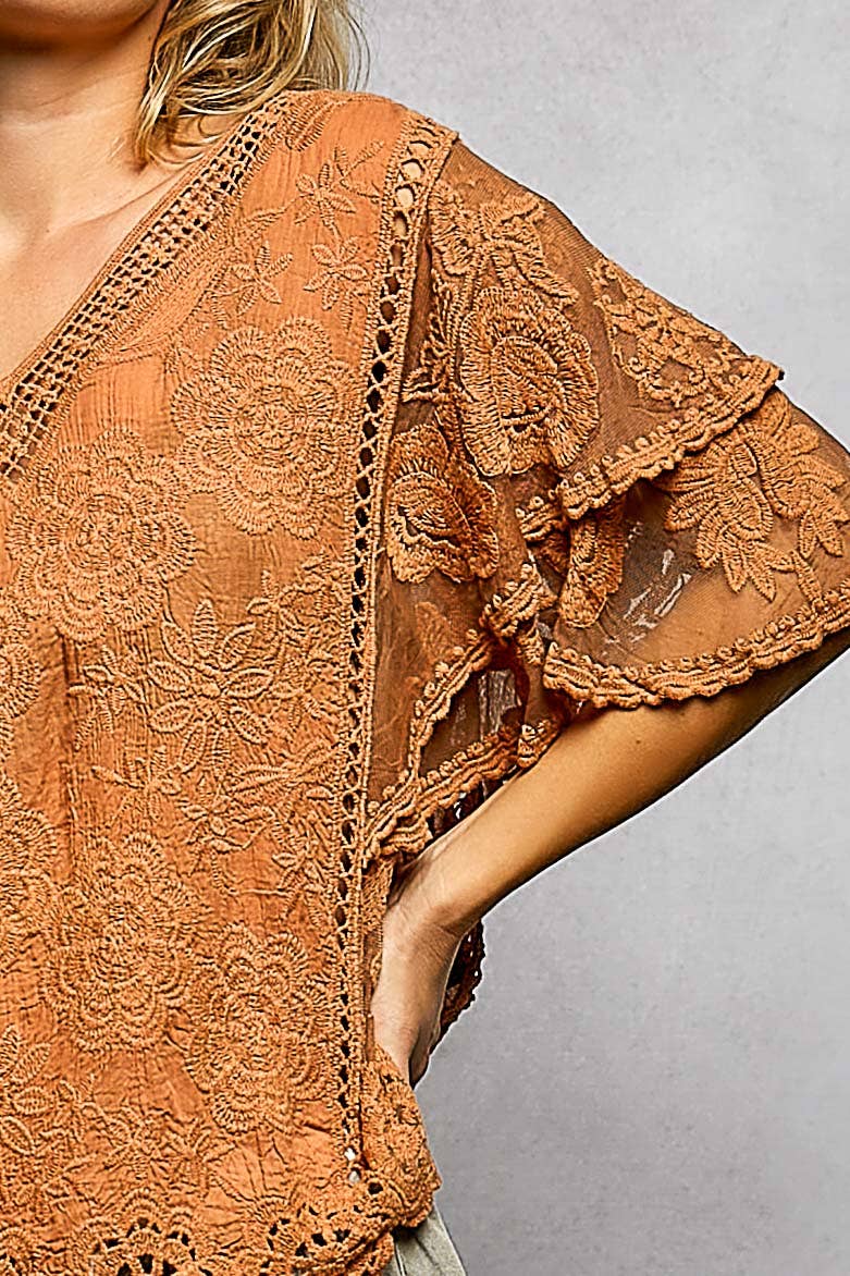Pol Clothing - V-neck Short Sleeve Crochet Trim Solid Top