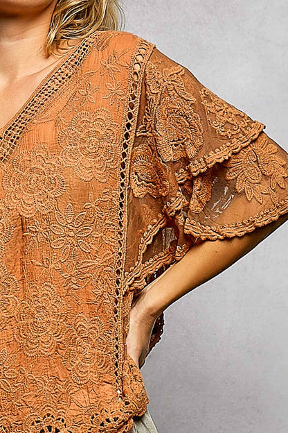 Pol Clothing - V-neck Short Sleeve Crochet Trim Solid Top