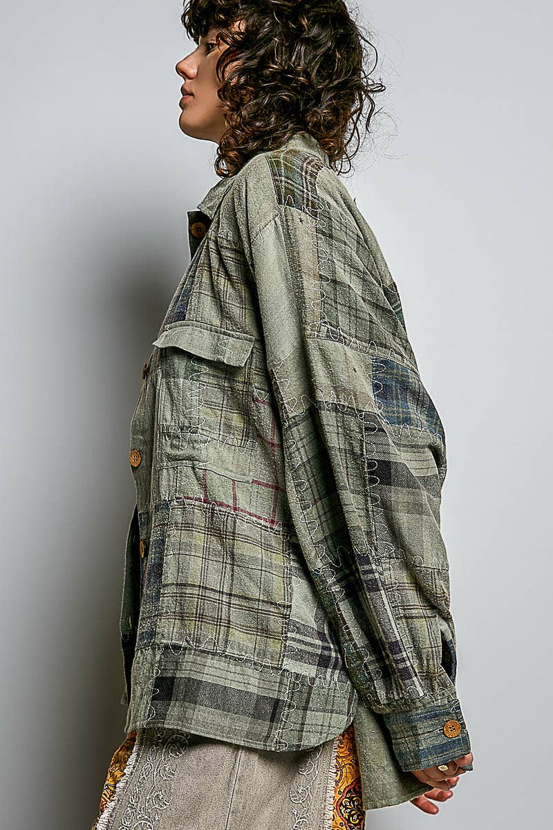 Pol Clothing - Vintage Oversized Plaid Patchwork Button-Up Shirt Top
