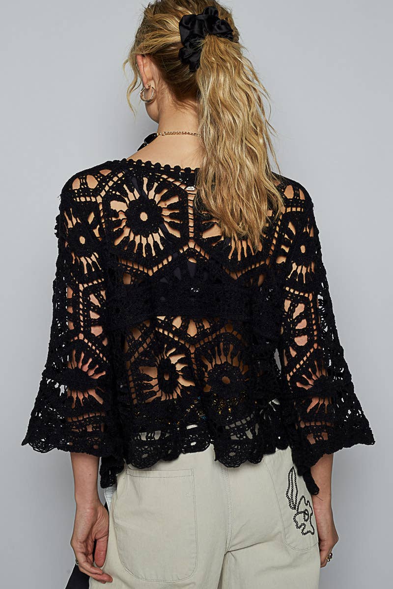 Alexus Round Neck 3/4 Sleeve Crochet Cropped Top