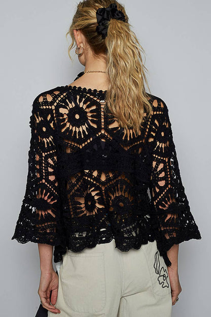 Alexus Round Neck 3/4 Sleeve Crochet Cropped Top