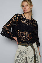 Alexus Round Neck 3/4 Sleeve Crochet Cropped Top