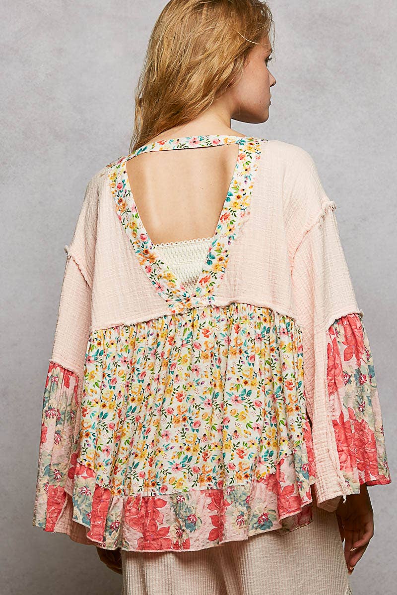 Pol Clothing - Double Gauze Floral Roomy Fit Open Cardigan with V-Back