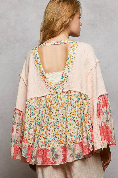 Pol Clothing - Double Gauze Floral Roomy Fit Open Cardigan with V-Back