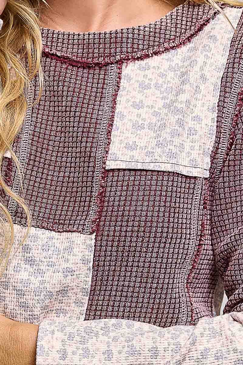 Pol Clothing - Waffle Knit Contrast Patchwork Top