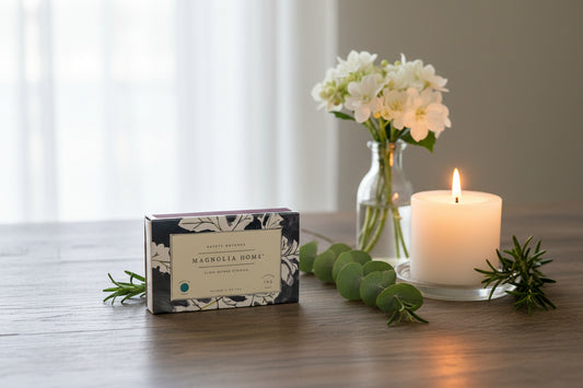 Box of Magnolia Home products on a wooden surface