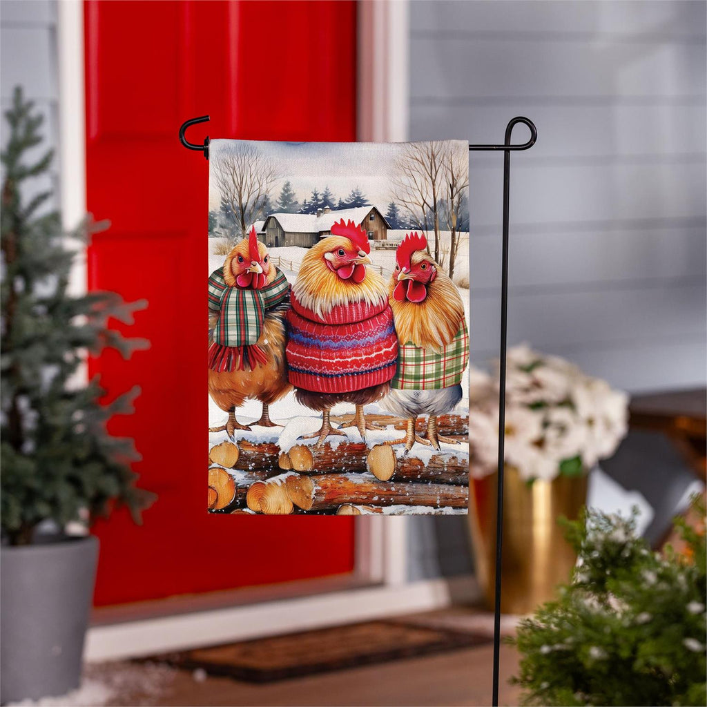 Holly Homestead Cozy Hens Burlap Flag