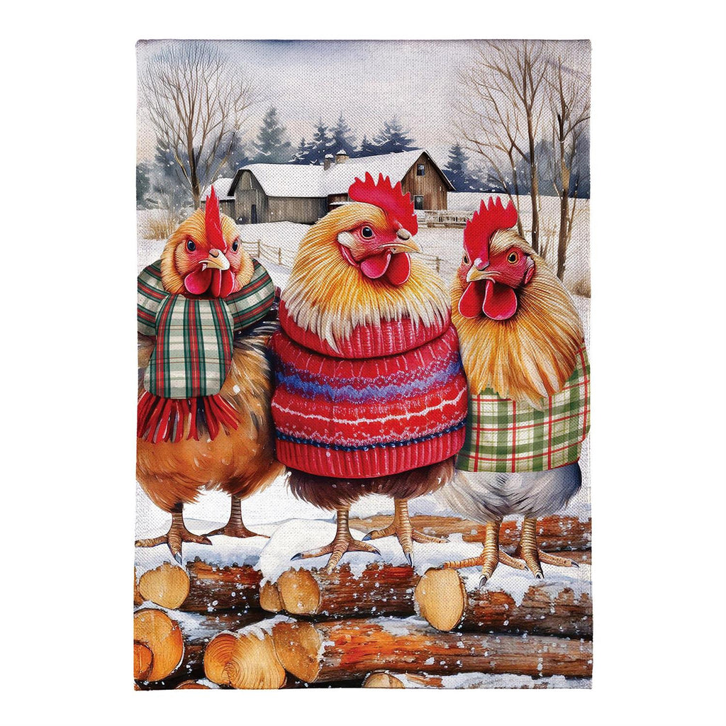 Holly Homestead Cozy Hens Burlap Flag
