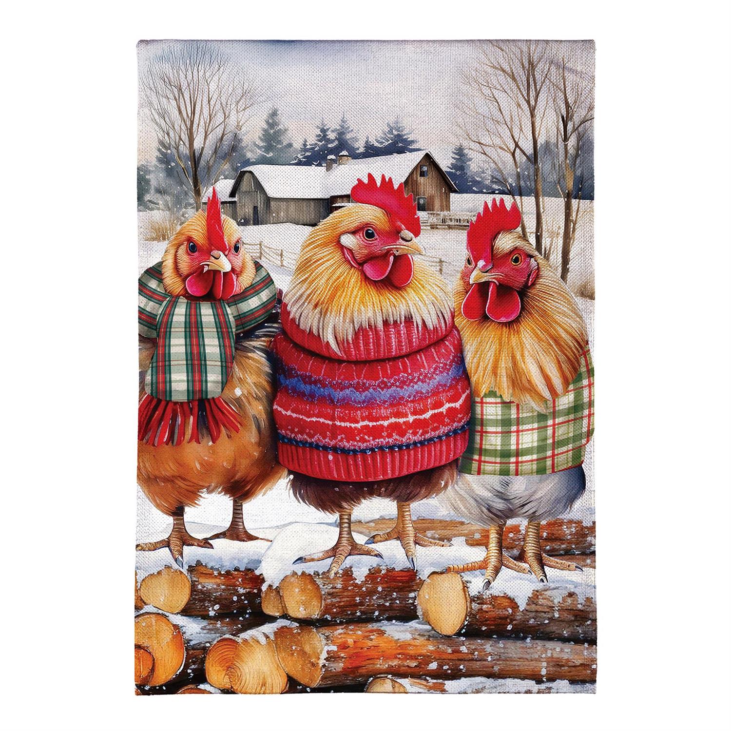 Holly Homestead Cozy Hens Burlap Flag