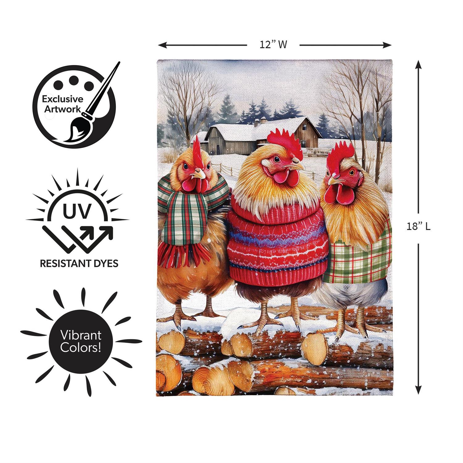 Holly Homestead Cozy Hens Burlap Flag