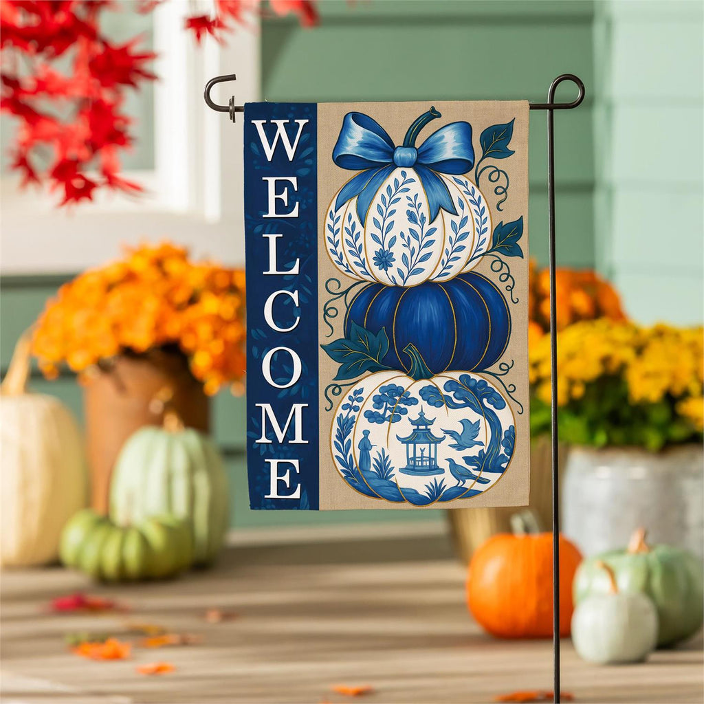 Chinoiserie Welcome Pumpkin Burlap Flag