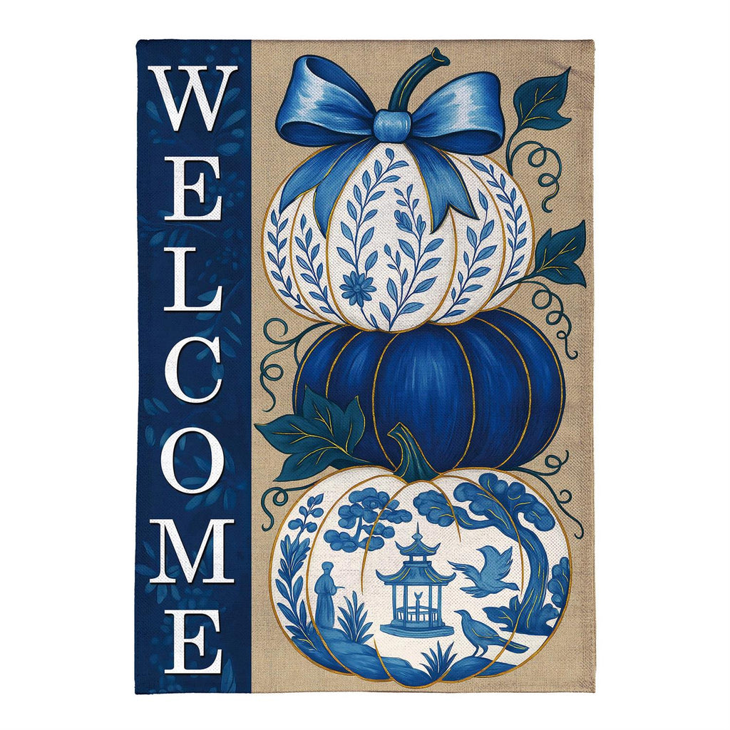 Chinoiserie Welcome Pumpkin Burlap Flag
