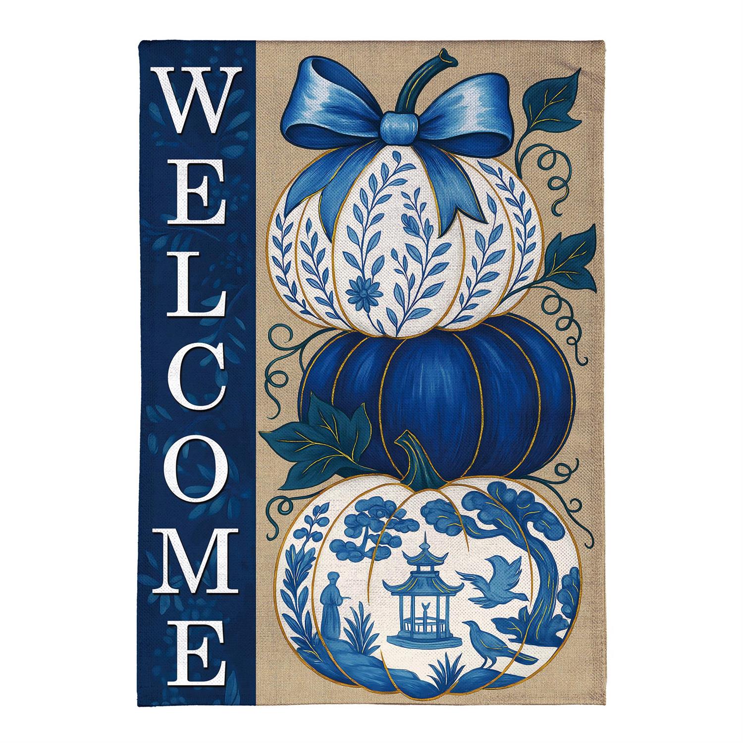 Chinoiserie Welcome Pumpkin Burlap Flag