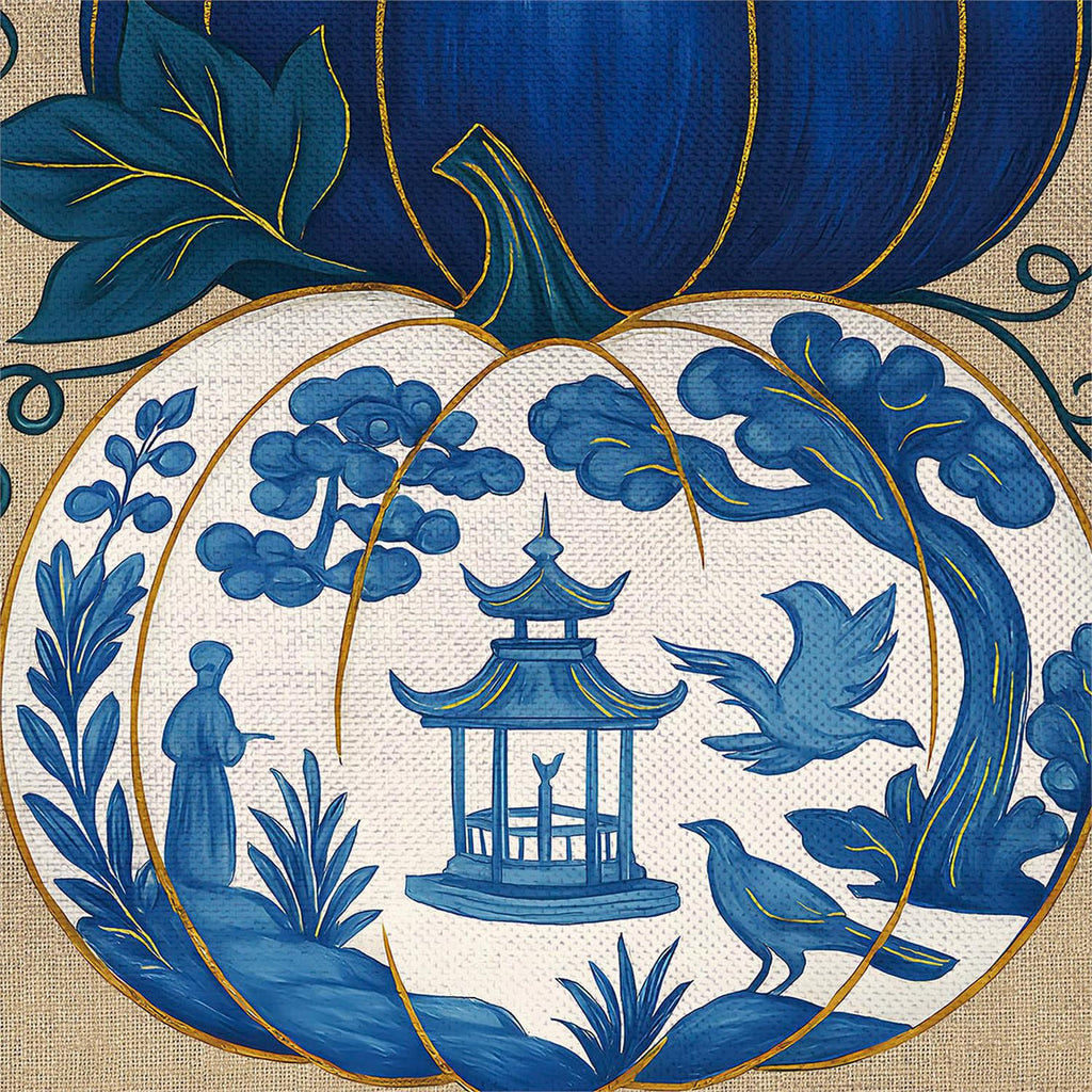 Chinoiserie Welcome Pumpkin Burlap Flag