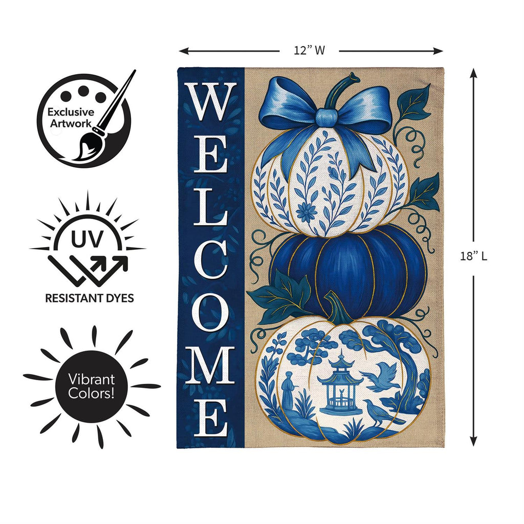 Chinoiserie Welcome Pumpkin Burlap Flag