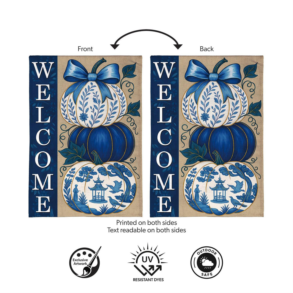 Chinoiserie Welcome Pumpkin Burlap Flag