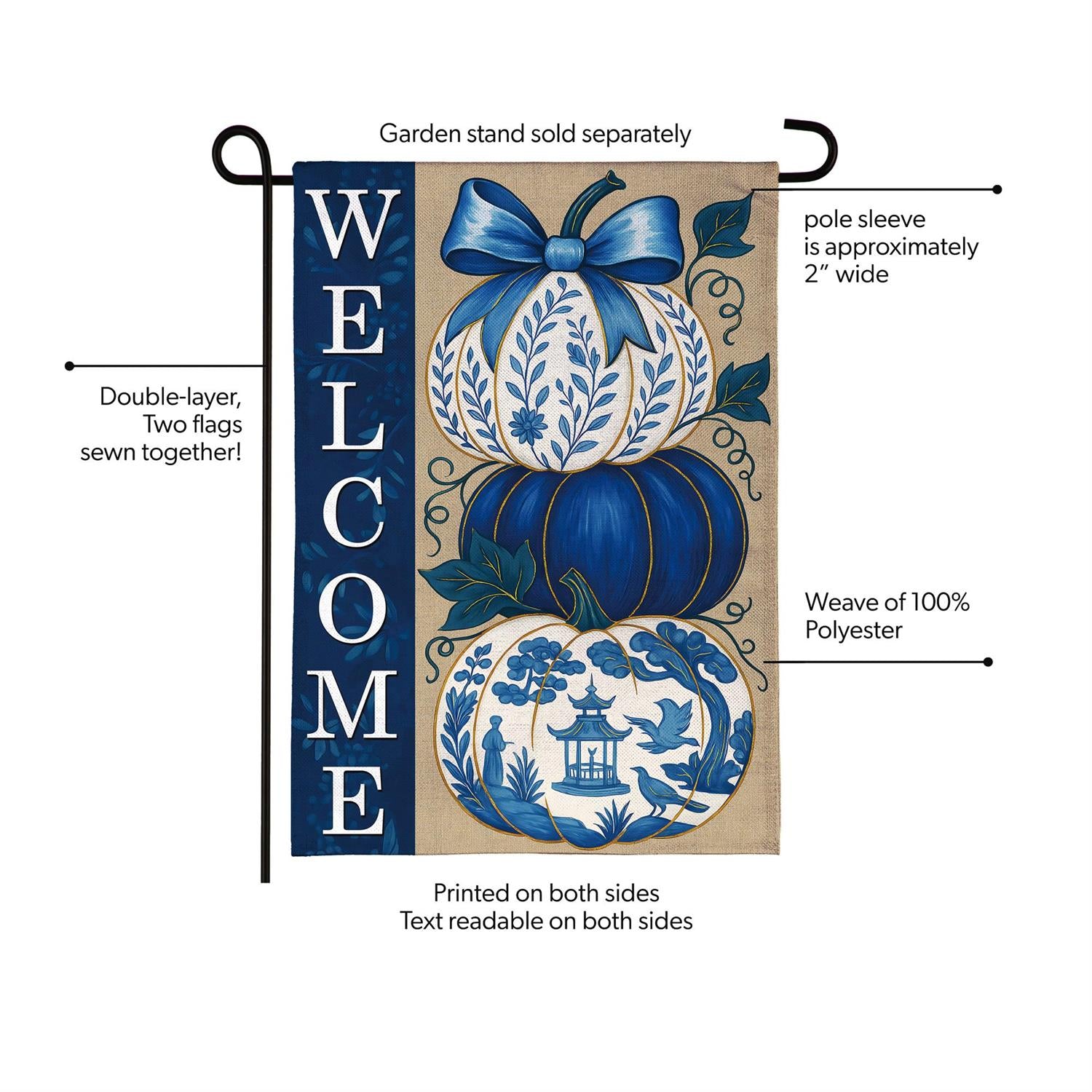 Chinoiserie Welcome Pumpkin Burlap Flag