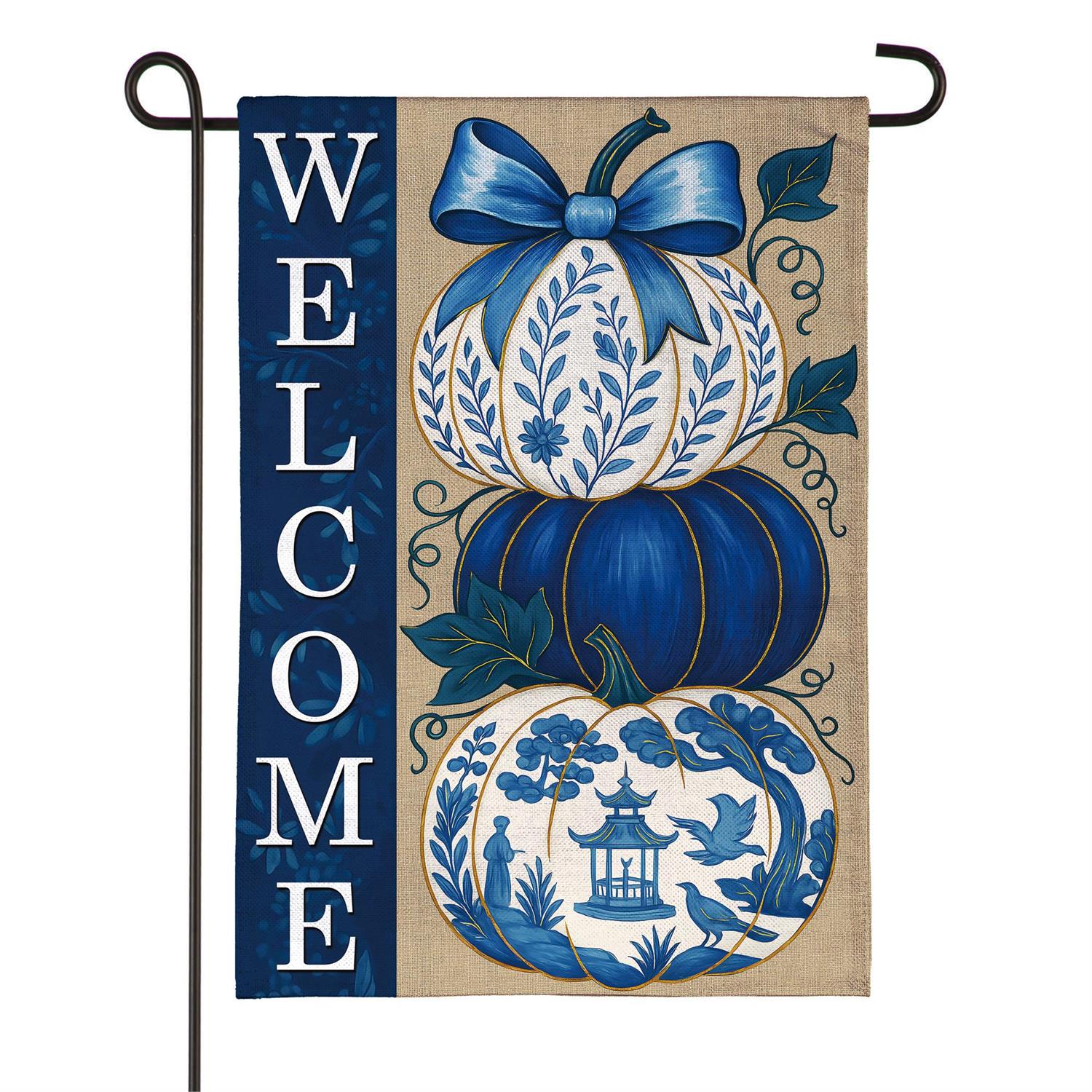 Chinoiserie Welcome Pumpkin Burlap Flag