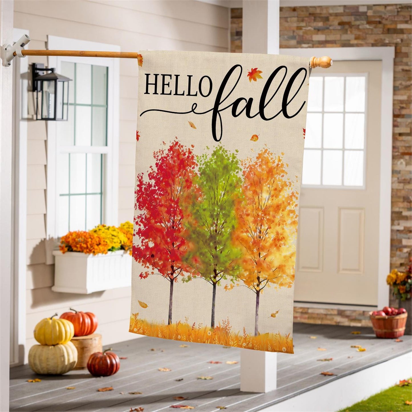 Hello Fall Autumn Trees Burlap Flag