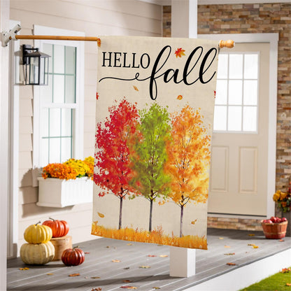 Hello Fall Autumn Trees Burlap Flag