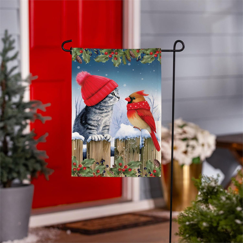 Kitten & Cardinal Winter Friends Burlap Flag