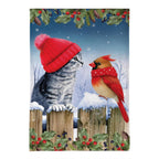 Kitten & Cardinal Winter Friends Burlap Flag