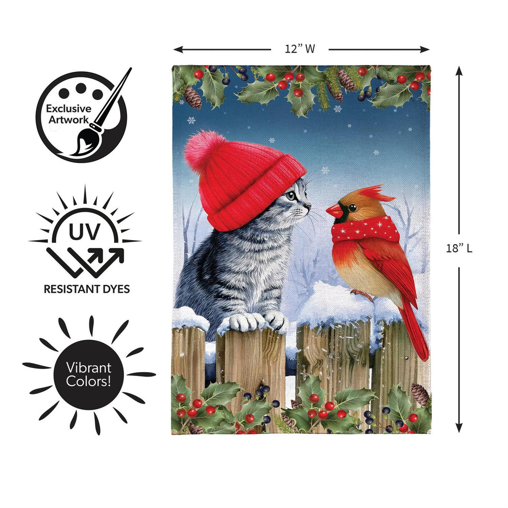 Kitten & Cardinal Winter Friends Burlap Flag