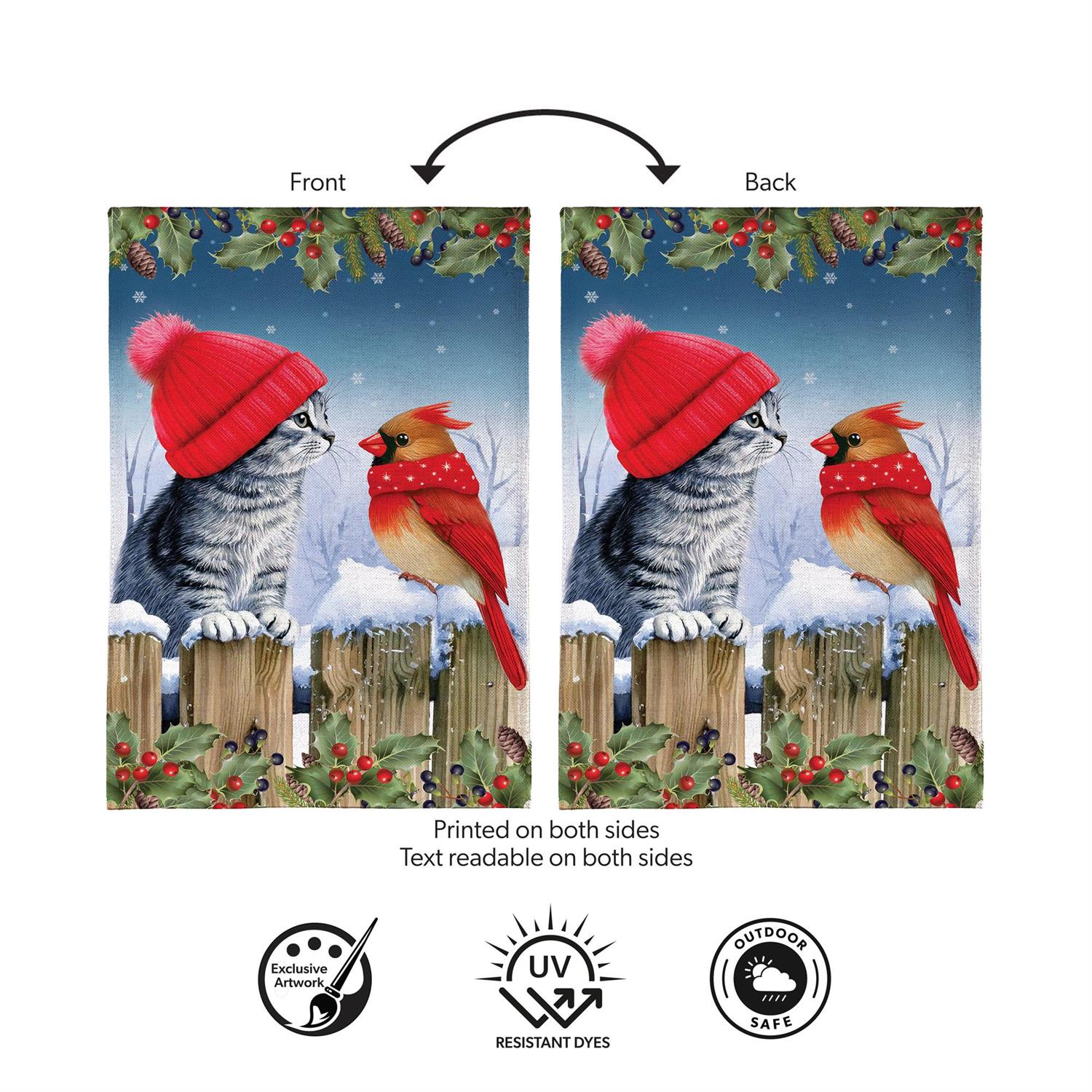 Kitten & Cardinal Winter Friends Burlap Flag