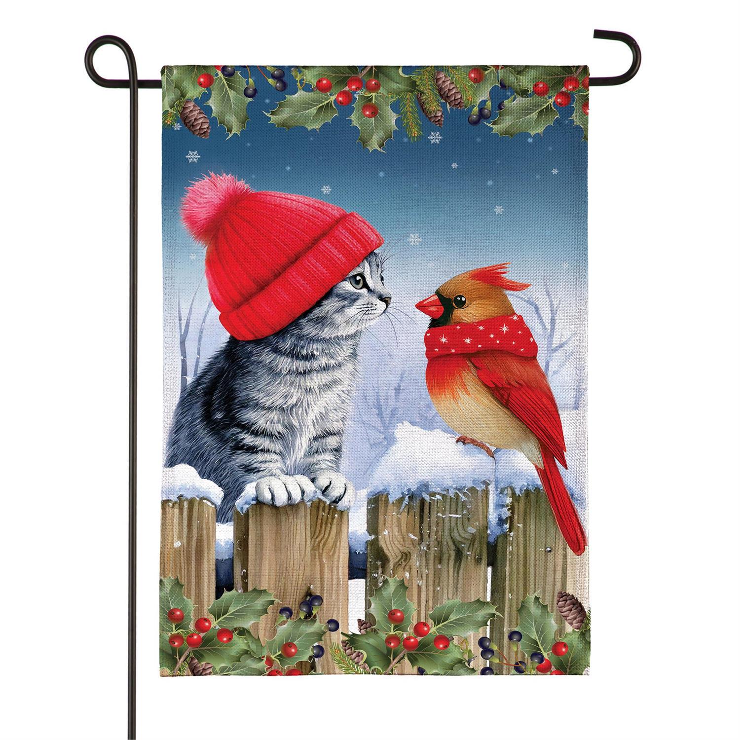Kitten & Cardinal Winter Friends Burlap Flag